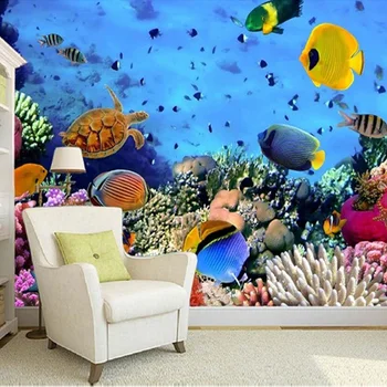 Фото Тапет 3D Стерео Подводен Тропически Риби Рисувани Стенни Хол Разтегателен Фон Стенни Живопис Papel De Parede Sala
